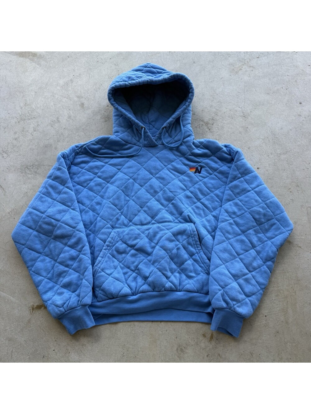 Aviator Nation Quilted Relaxed Pullover Hoodie Unisex XS Blue